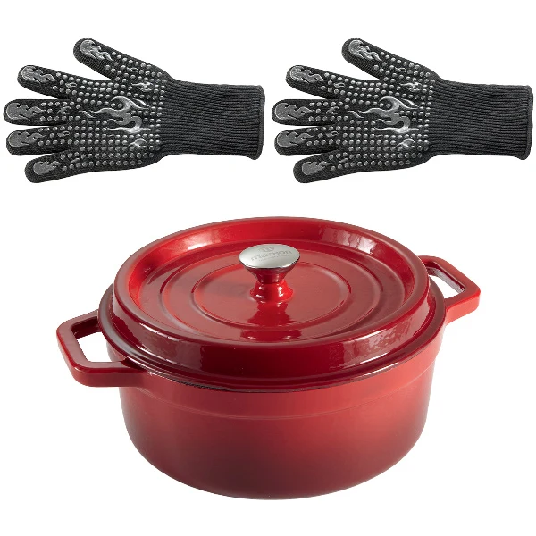 Lot cocotte en fonte ronde rouge 28 cm 5,6 L et 2 gants anti-chaleur grand modèle (taille 10) Mathon