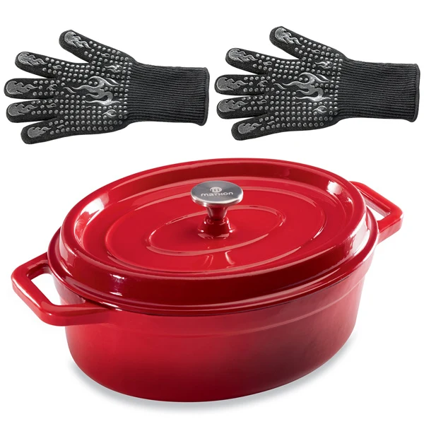Lot cocotte en fonte ovale rouge 33 cm 6 L et 2 gants anti-chaleur grand modèle (taille 10) Mathon