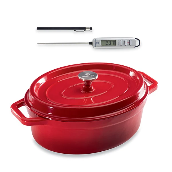 Lot cocotte en fonte ovale 33 cm et thermomètre digital de cuisine à sonde Mathon