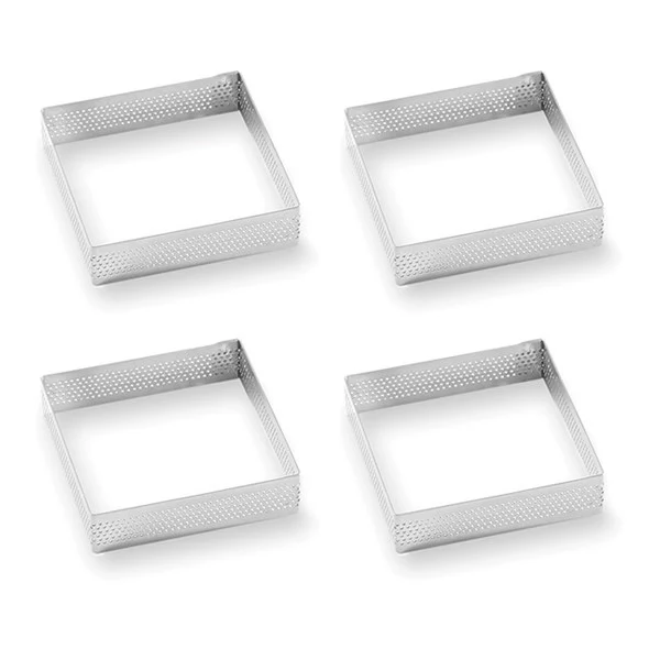 Lot 4 cercles à tarte perforés en inox carré 8 cm Mathon