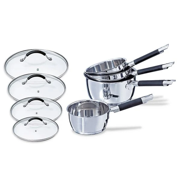 Lot 4 casseroles inox Rapid Cook 14, 16, 18 et 20 cm et 4 couvercles en verre Mathon