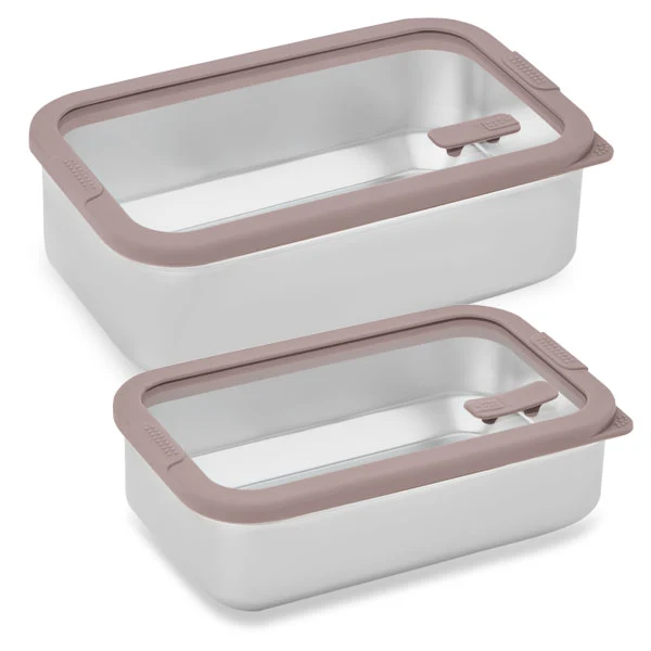 Lot 2 boîtes de conservation rectangulaire en inox avec couvercles en verre 700 ml et 1,65 L compatibles micro-ondes Mathon