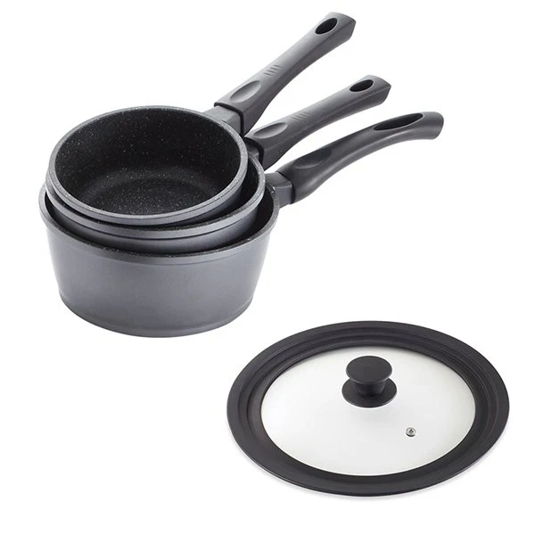 Lot 3 casseroles revêtement Dur comme la pierre 16, 18 et 20 cm et couvercle multidiamètre Mathon