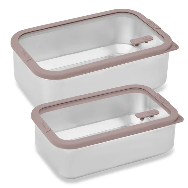 Lot 2 boîtes de conservation rectangulaires en inox avec couvercles en verre 1 L et 1,65 L compatibles micro-ondes Mathon