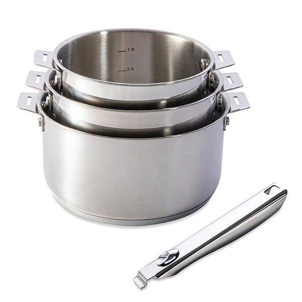 Lot 3 casseroles inox Clips’Inox 16, 18 et 20 cm et manche amovible Mathon