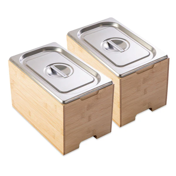 Lot de 2 bacs gastro avec couvercles en inox et supports bambou Mathon