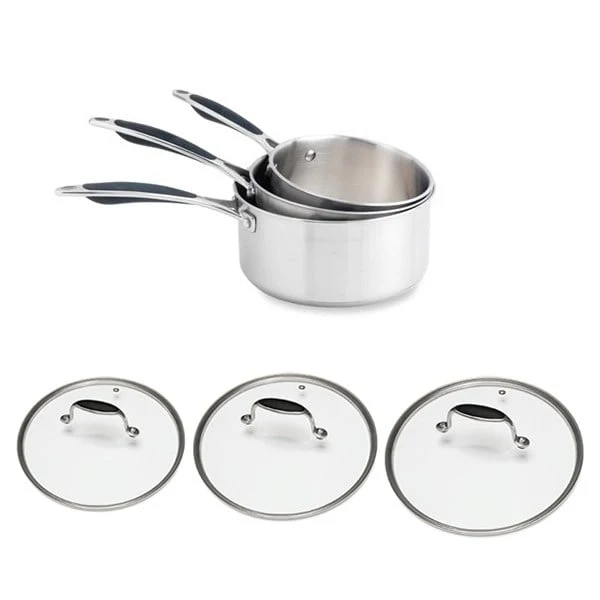 Lot 3 casseroles inox Excell'Inox 16, 18 et 20 cm et 3 couvercles en verre Mathon