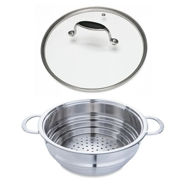 Lot panier vapeur multidiamètre et couvercle en verre Excell'Inox 24 cm Mathon