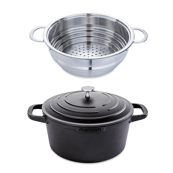 Lot cocotte légère ronde fonte aluminium 24 cm 4,5 L et panier vapeur multidiamètre Mathon