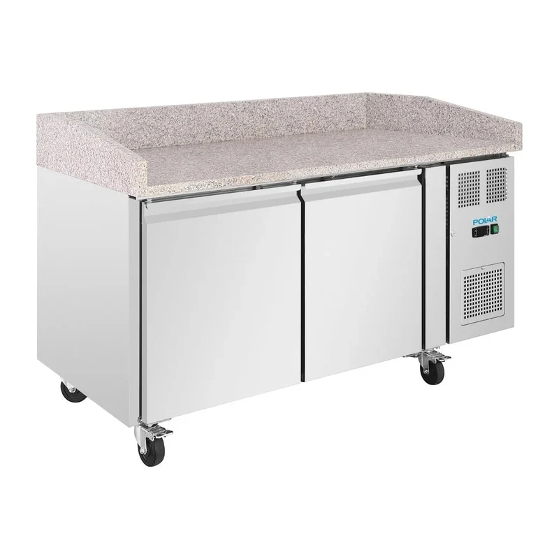 Table à pizza Polar U-Series 2 portes avec plan de travail en granit 428 litres sur roulettes