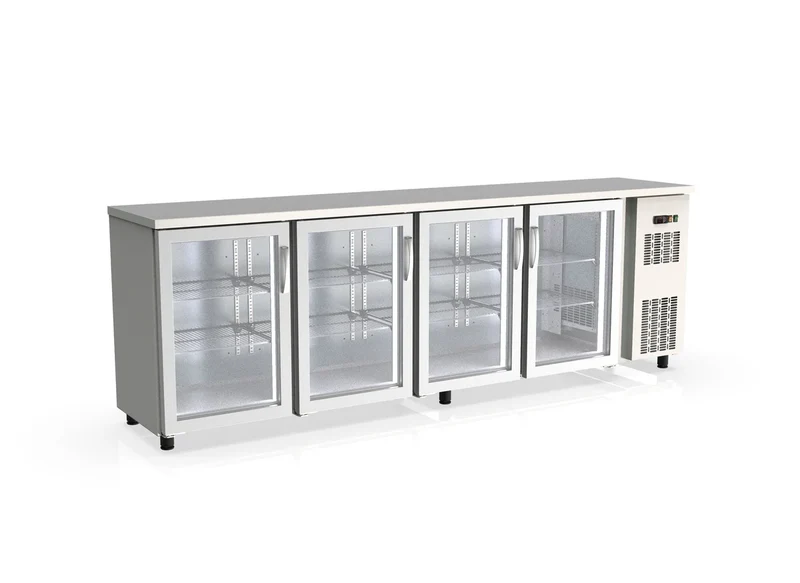 Table réfrigérée de bar Coreco PROFI 4/0G en acier inoxydable avec 4 portes vitrées