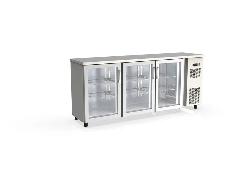 Table réfrigérée de bar Coreco PROFI 3/0G en acier inoxydable avec 3 portes vitrées