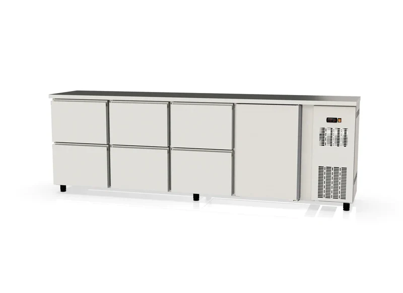 Table réfrigérée de bar Coreco PROFI 1/6 en acier inoxydable avec 1 porte et 6 tiroirs