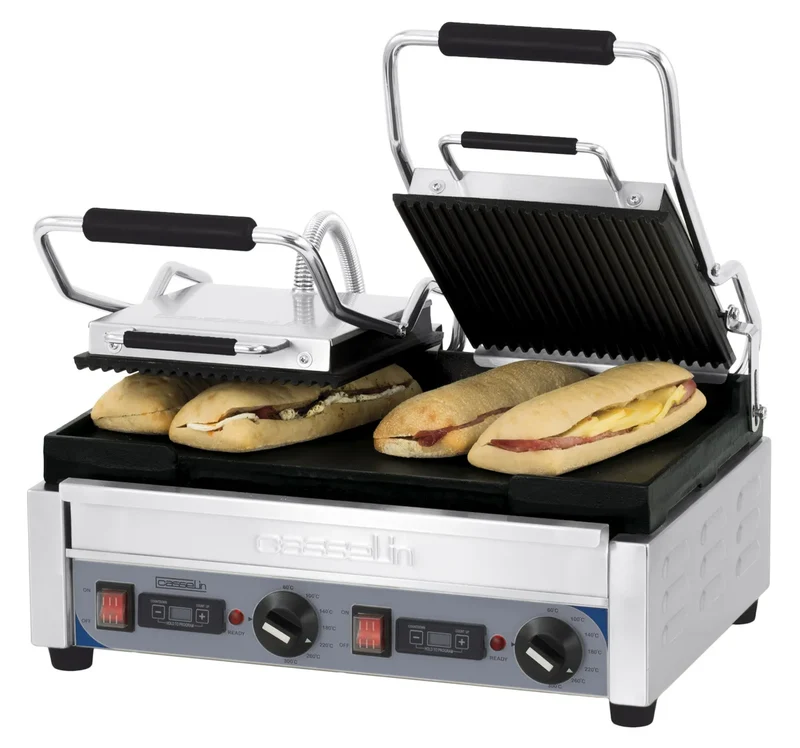 Grill à contact / grill à panini double Premium rainuré - Lisse avec minuteur