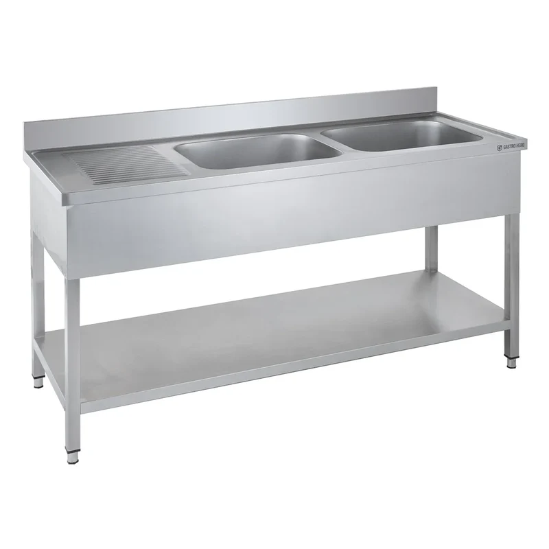 Table de lavage Basic 16x6 avec 2 cuves à droite, dosseret et étagère inférieure