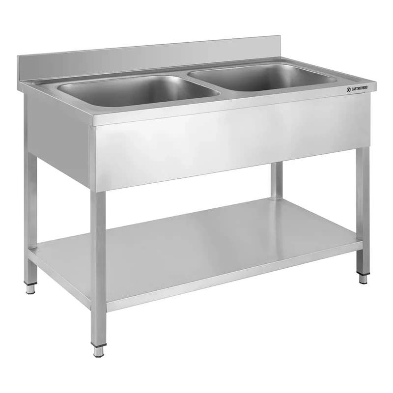 Table de lavage Basic 12x6 avec 2 cuves, dosseret et étagère inférieure