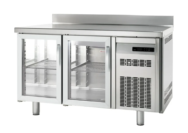 Table réfrigérée boulangerie Premium 2/0 avec dosseret et portes vitrées