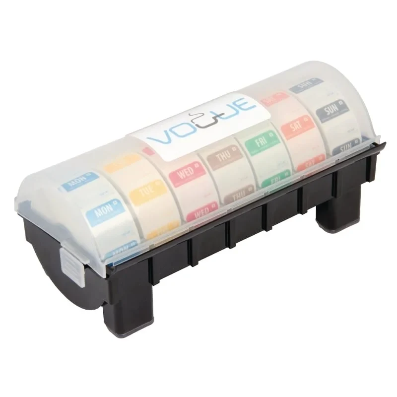 Distributeur d’étiquettes en plastique avec set hebdomadaire d’étiquettes hydrosolubles