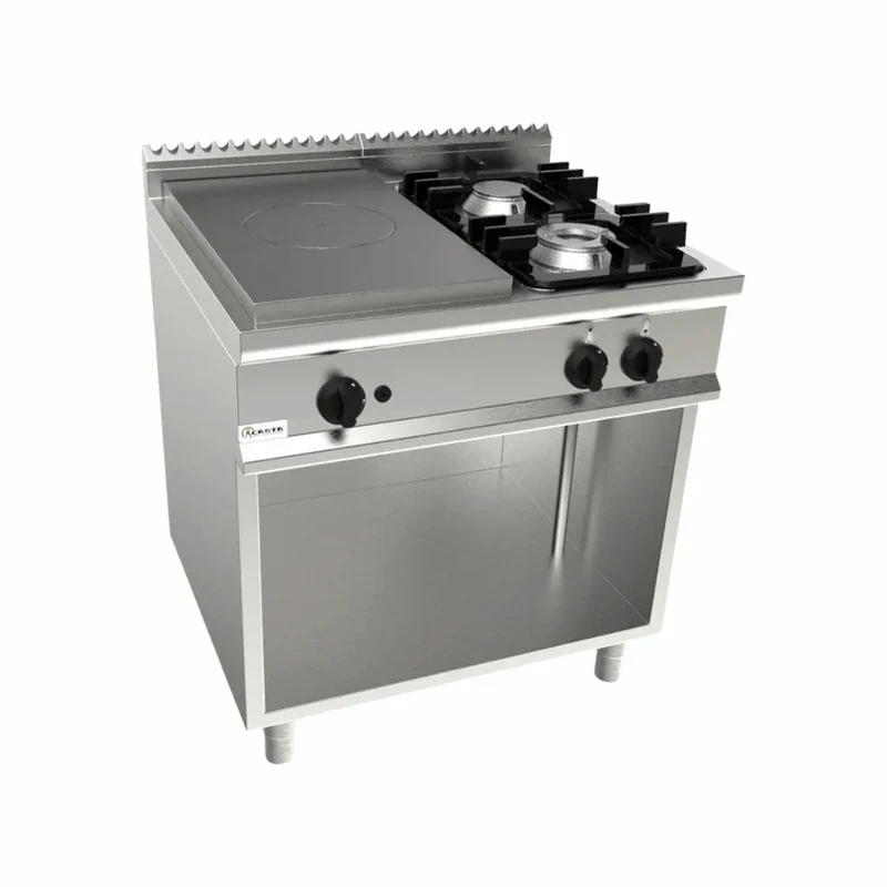 Cuisinière 2 feux + plaque coup de feu à gaz sur meuble ouvert