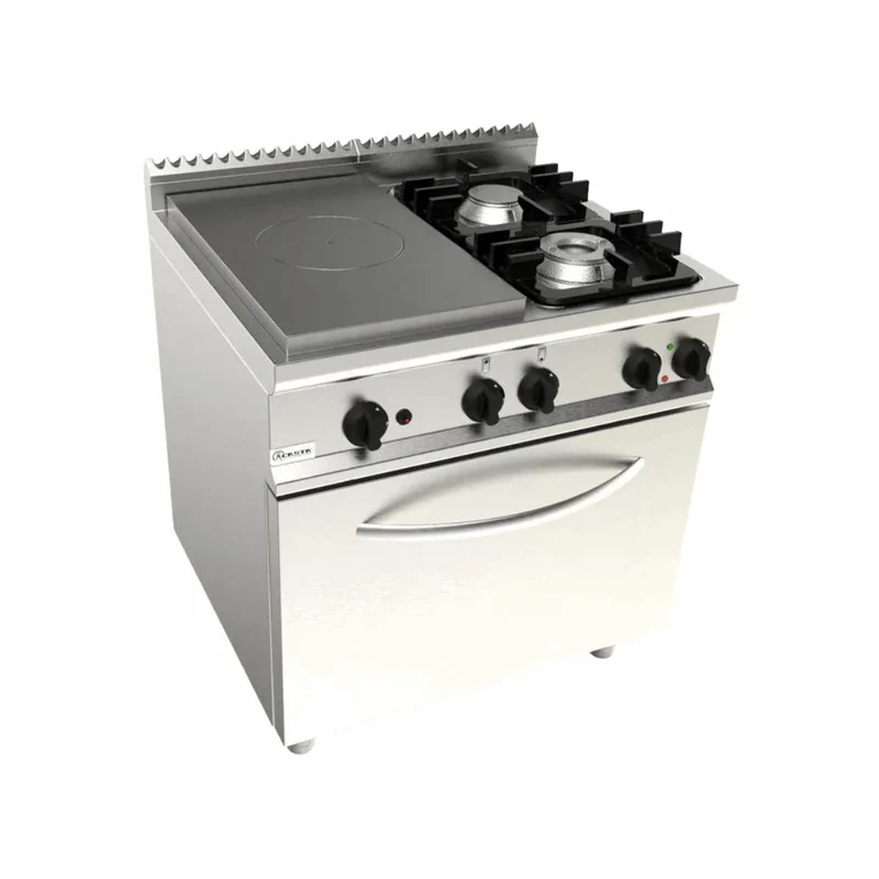 Cuisinière 2 feux + plaque coup de feu à gaz sur four électrique