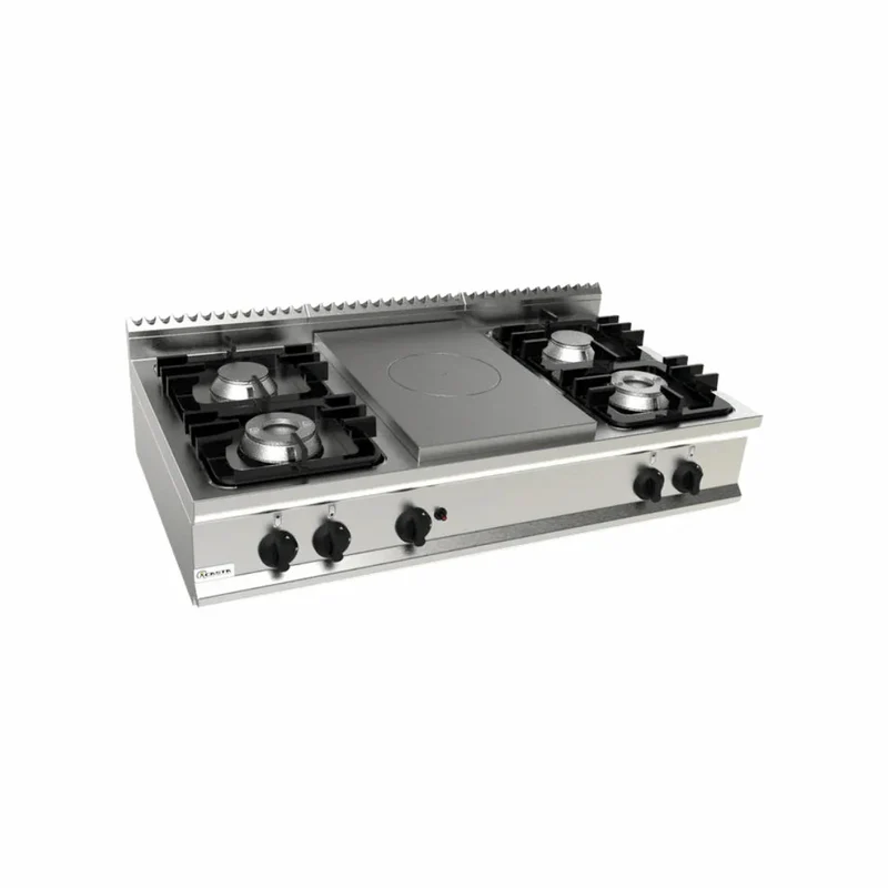 Cuisinière 4 feux + plaque coup de feu à gaz 28.5kW