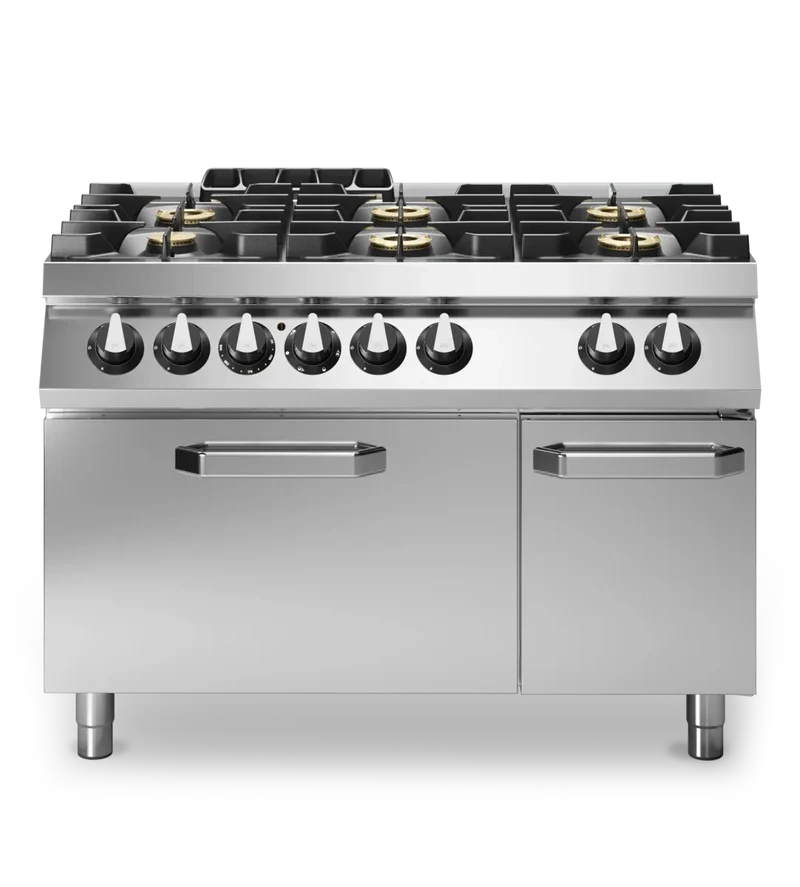 Fourneau 6 feux sur four électrique – 33,5 kW Gaz + 6 kW TRI – 1200x730x870mm
