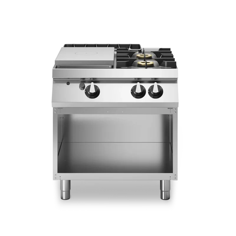 Fourneau 2 feux + plaque coup-de-feu sur meuble ouvert – 18 kW Gaz – 800x730x870mm