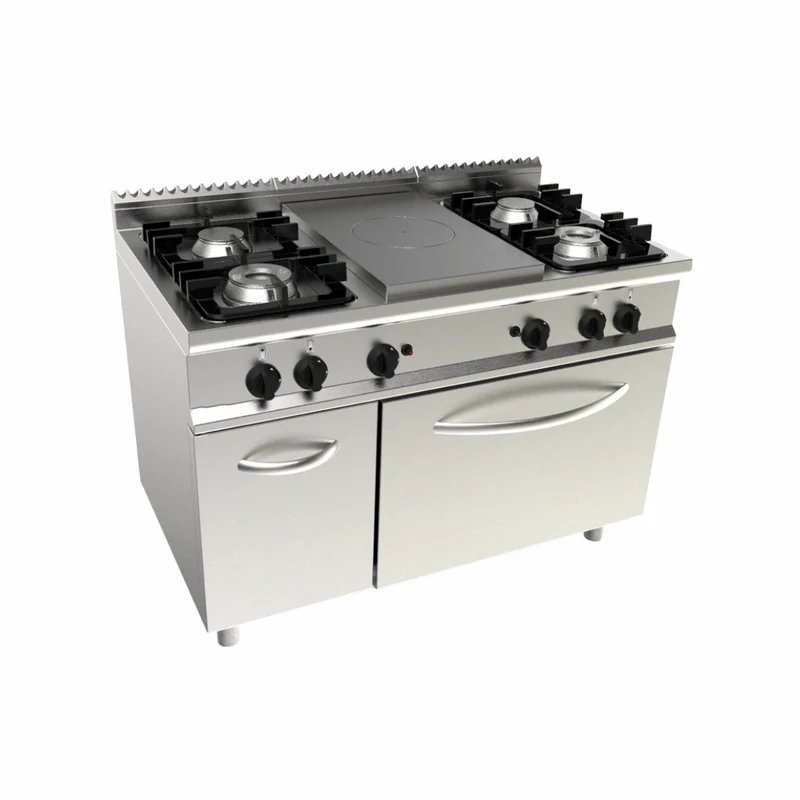 Cuisinière gaz 4 feux + plaque coup de feu sur four électrique