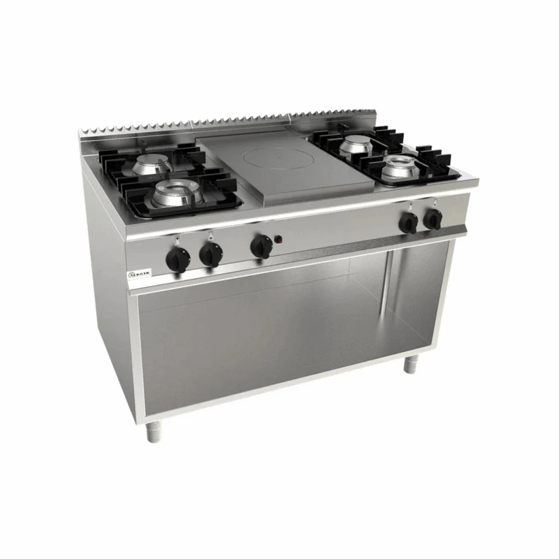 Cuisinière gaz 4 feux + plaque coup de feu sur meuble ouvert